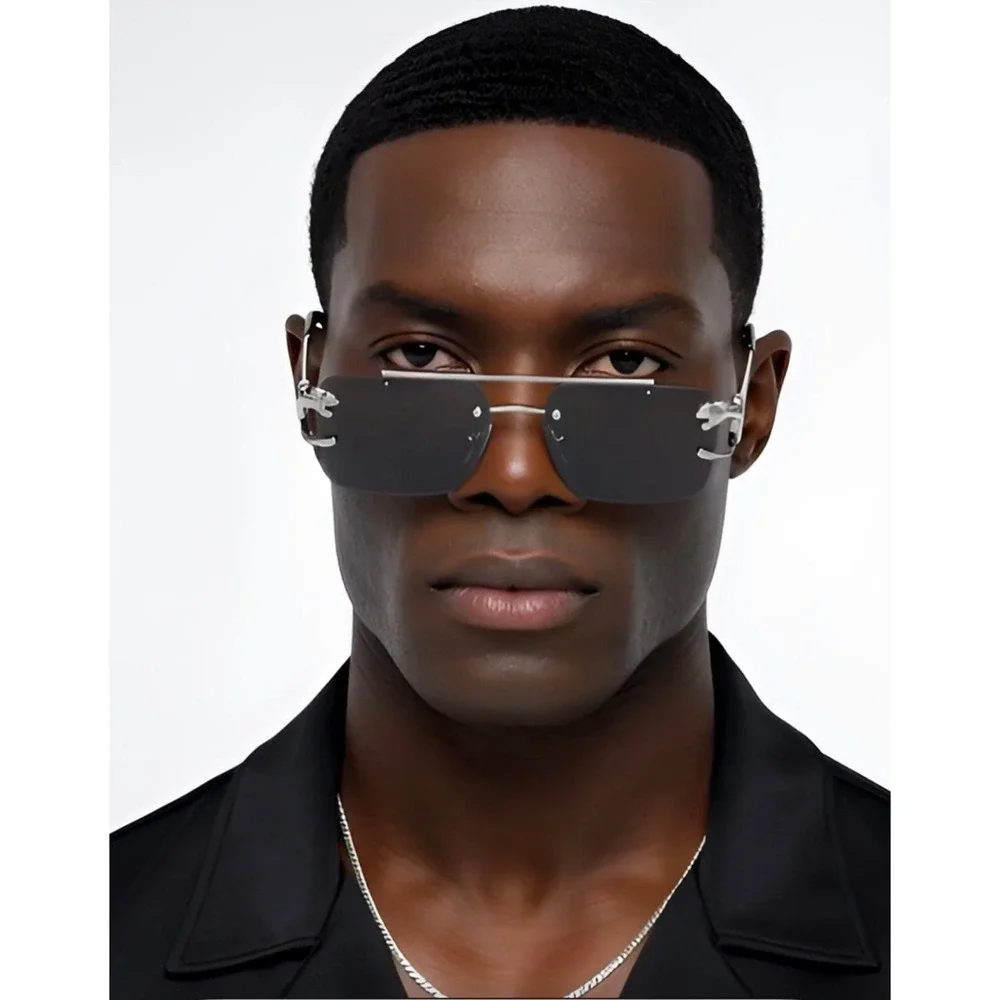 Rimless Rectangle Sunglasses Silver Frame Fashion Tinted Men Dark Black Lens New